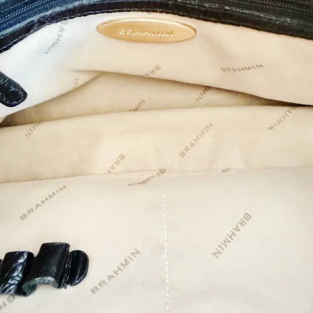 Brahmin Melbourne Black Leather Crocodile Embossed Shoulder Bag Purse Dust Bag